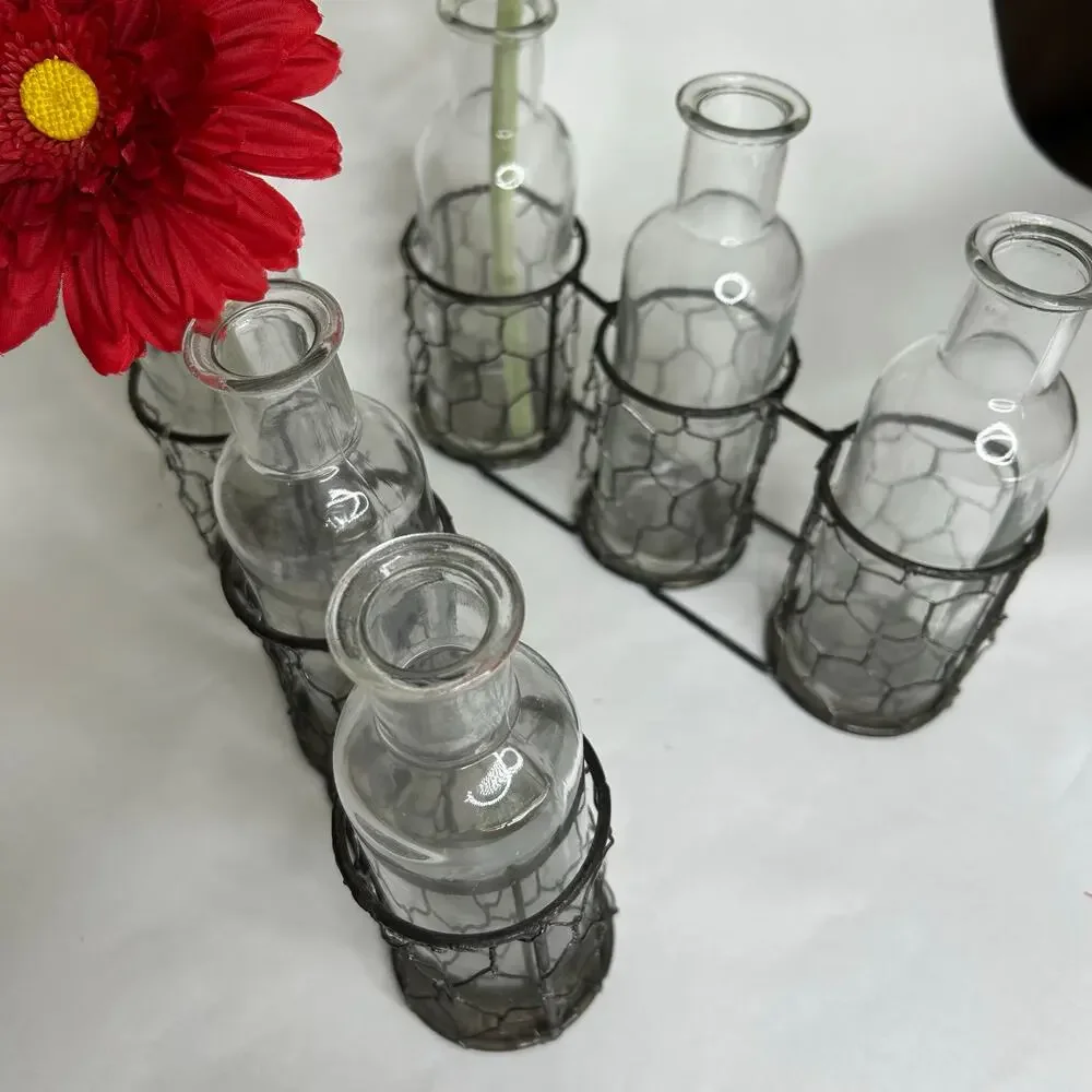 3 Glass‎ Metal Vases- set of 2 country cottage summer vases comes with flowers
